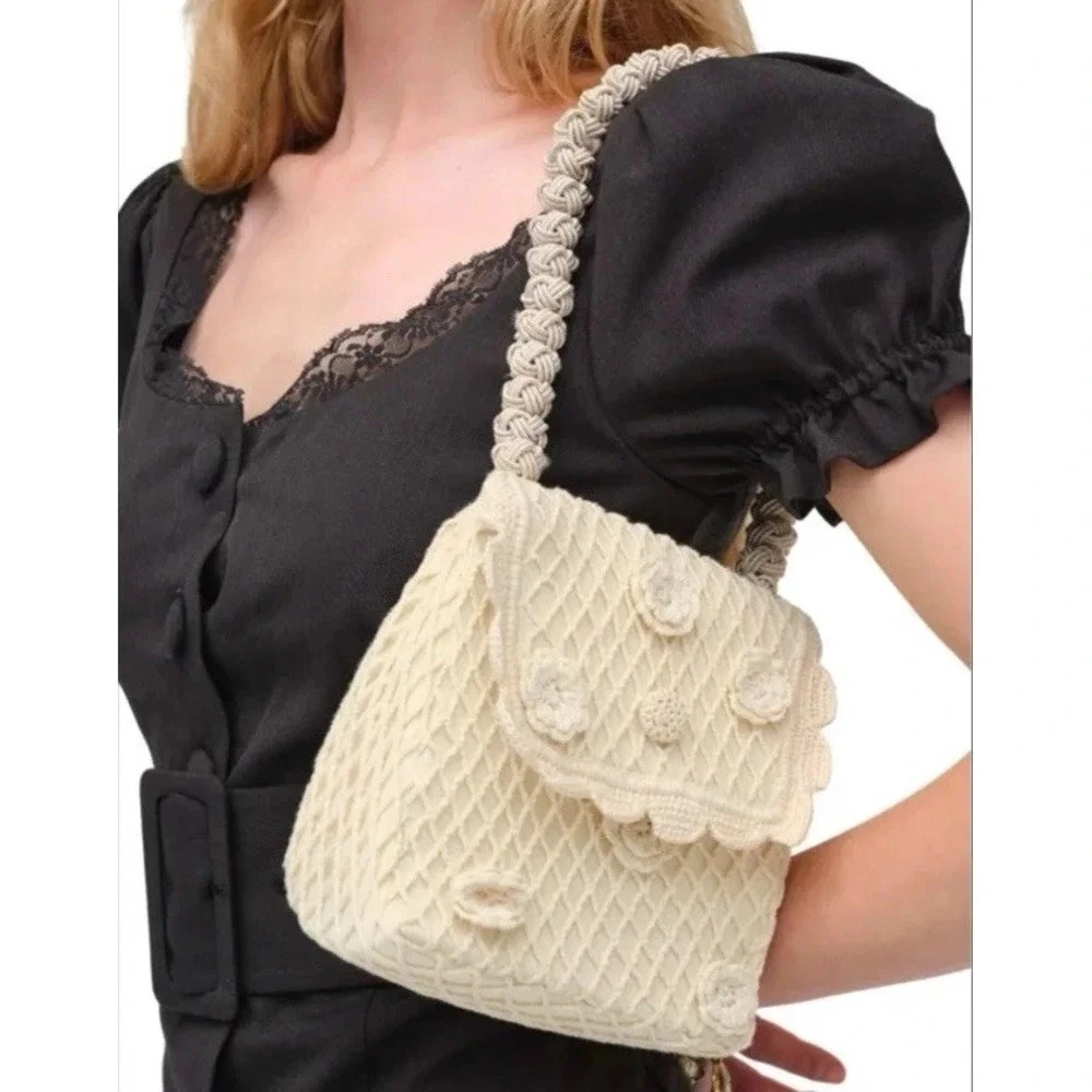 For Love & Lemons Romantic Coquette Knit Crochet Purse Cream Rosettes Cottage